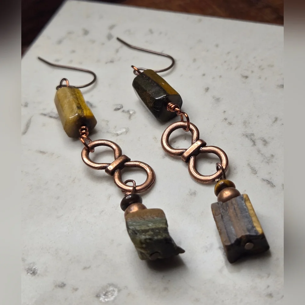 Primitive Chic Natural Tiger's Eye In Handmade Artisan Antique Copper Earrings - Picture 2 of 11